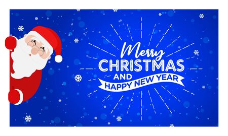 Merry Christmas and Happy New Year Banner, Design, Sticker, Concept, Card, Template, Icon, Poster, Unit, Label, Web, Mnemonic with Santa Claus peeping from the left - Vector, Illustrationのイラスト素材