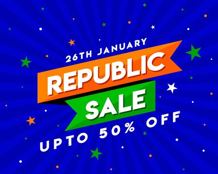 26th January. Happy Republic Day of India Sale upto 50% off discount. Concept, Template, Banner, Logo Design, Icon, Poster, Unit, Label, Web Header, Mnemonic with Celebration Blue Rays Backgroundのイラスト素材