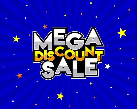 Mega Discount Sale banner, Logo, Icon, Design, Sticker, Concept, Greeting Card Template, Poster, Unit, Label, Web, Mnemonic on blue motion background with stars - Vector, Illustrationのイラスト素材