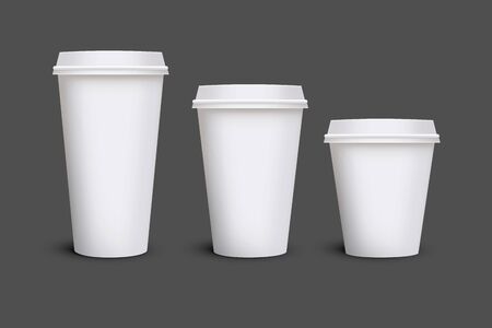 White blank takeaway paper, carton or cardboard coffee cup in different size on isolated white background,   Empty tea mockup for presentation on isolated background.の写真素材