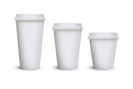 White blank takeaway paper, carton or cardboard coffee cup in different size on isolated white background,  Empty tea mockup for presentation on isolated background.の写真素材