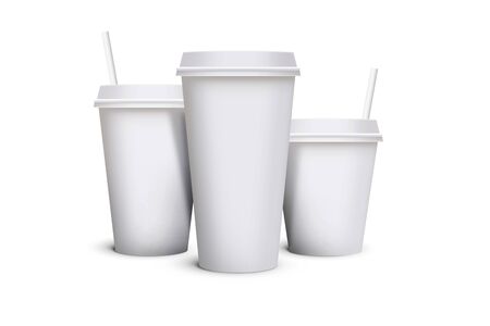 White blank takeaway paper, carton or cardboard coffee cup in different size on isolated white background with straw on top. Empty tea mockup for presentation on isolated background.の写真素材