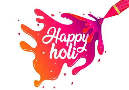 Happy Holi Celebrations Logo, banner, Icon, Design, Sticker, Concept, Greetings, Card, Template, Poster, Unit, Label, Web, Mnemonic with Pichkari and Water Color splash. Indian festival of colorsのイラスト素材