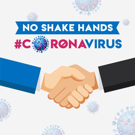 No Handshake #Coronavirus, Design, Concept, Template, Banner, Icon, Poster, Unit, Label, Web, Symbol, Sign, Mnemonic with virus in the background. Dangerous Coronavirus Cellのイラスト素材