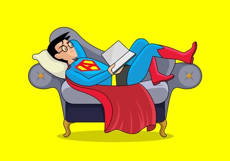 Relaxed superhero at home reading book on a sofa. A comic book cartoon character. Stay at home relaxing during corona virus outbreak concept poster template or banner. Be a super hero.のイラスト素材