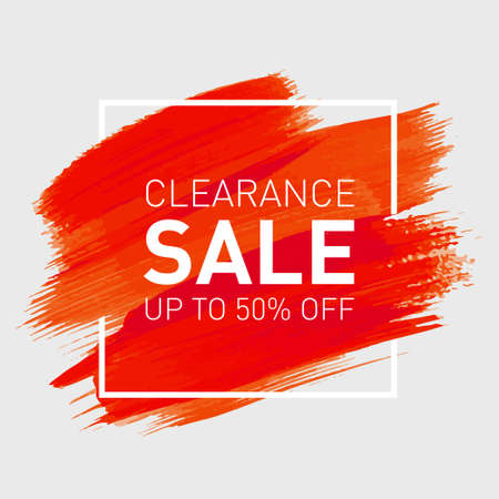 Clearance Sale Up to 50% off Design Concept, Banner Template, Icon, Poster, Unit, Label, Mnemonic, Greeting Card, Web header with red brush strokes and square frame - Vector, illustrationのイラスト素材