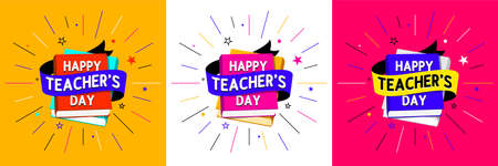 Happy Teacher's Day Logo Design Concept, Banner Template, Icon, Poster, Unit, Label, Mnemonic, Greeting Card, Web header in bright colours with celebration background & rays  - Vector, illustrationのイラスト素材
