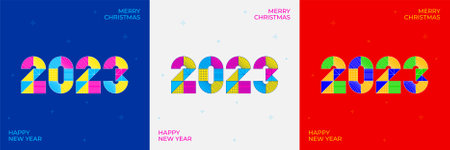 Geometric shapes creative concept of 2023 Happy New Year posters set. Design templates with typography logo for celebration and season decoration. Minimalistic trendy backgrounds fのイラスト素材