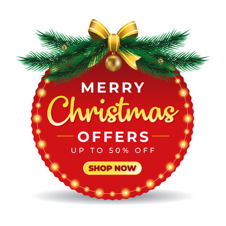 Merry Christmas offers sale, up to 50% off, round red discount web banner, SM post, digital ad, logo, mnemonic, template design, unit, icon, concept, poster, wrapped with garland iのイラスト素材