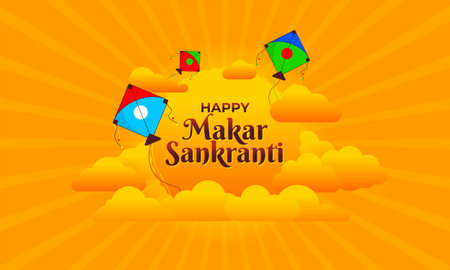 Happy Makar Sankranti greeting card design, kites, sun rays and cloud. Sunny background. Web banner template, mnemonic, graphic illustration layout, logo unit, concept, icon, printのイラスト素材