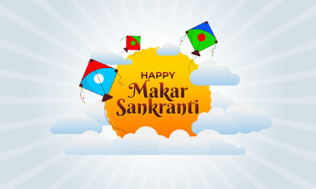 Happy Makar Sankranti greeting card design with kites, sun rays and cloud on a cool background. Web banner template, mnemonic, graphic illustration layout, logo unit, concept, iconのイラスト素材