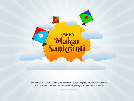 Happy Makar Sankranti greeting card design with kites, sun rays and cloud on a cool background. Web banner template, mnemonic, graphic illustration layout, logo unit, concept, iconのイラスト素材
