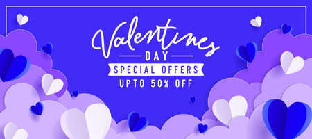 ValentinesÂ Day special offers upto 50% off template design with paper cut outs of clouds, sky, heart shape Concept, Logo, Template, Banner, Design, Icon, Poster, Unit, Label, Web Hのイラスト素材