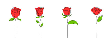 one single outline drawing of red roses in a row. Set of 4 Decorative beautiful english garden rose with bud and color spots. Minimalist hand drawn sketch for valentines dayのイラスト素材