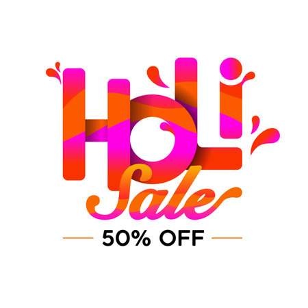 Celebration of Holi Sale 50% off Logo, promotion, banner, Icon, Design, Sticker, Concept, Greeting Card, Template, Poster, Unit, Label, Web, Mnemonic with color splash typographyのイラスト素材