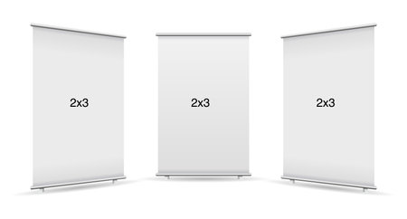 <p>Set of 3 empty standee or rollup banner display mockup on isolated white background. Display mockup for presentation or exhibition product. Vertical blank roll up stand template in 2x3 sizes.</p>のイラスト素材
