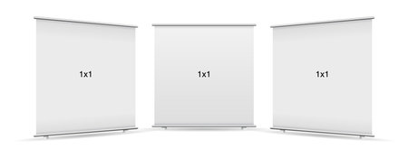 <p>Set of 3 empty standee or rollup banner display mockup on isolated white background. Display mockup for presentation or exhibition product. Vertical blank roll up stand template in 1x1 square sizes.</p>のイラスト素材