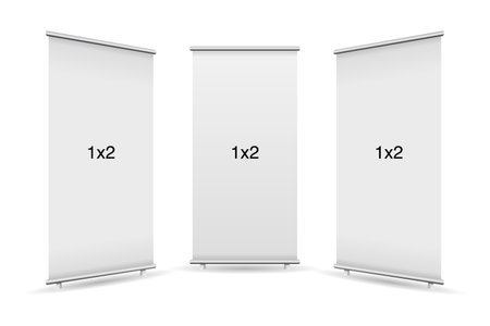 <p>Set of 3 empty standee or rollup banner display mockup on isolated white background. Display mockup for presentation or exhibition product. Vertical blank roll up stand template in 1x2 sizes.</p>のイラスト素材