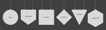 Empty hanging dangler mockup in geometric shapes of circle, pentagon, square, diamond, hexagon, triangle 
on an isolated dark grey background. Display mockup template danglersのイラスト素材