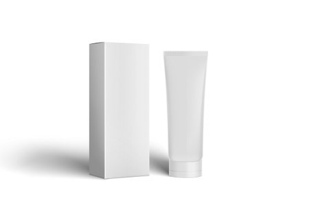Empty clean 3d realistic mockup of tube with cap and vertical carton box of cosmetic cream gel, skin care product, toothpaste, shampoo bottle, medicine, pouch, mock-up templateの写真素材