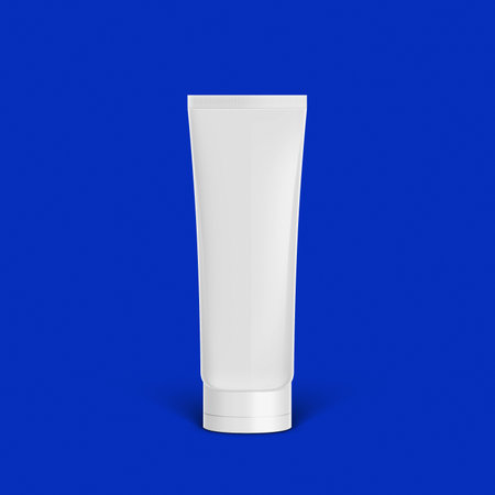 Empty clean 3d realistic mockup of tube with plastic shiny glossy cap of cosmetic cream gel, skin care product, toothpaste, shampoo bottle, medicine, pouch, mock-up blue templateの写真素材