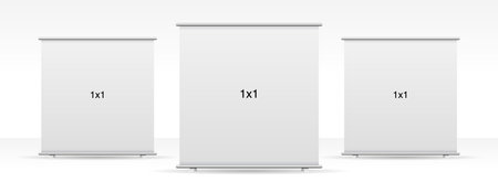 Set of 3 empty standee or rollup banner display mockup on isolated white background. Display mockup for presentation or exhibition product. Vertical blank roll up stand template inのイラスト素材