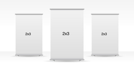 Set of 3 empty standee rollup banner display mockup on isolated white background. Display mockup for presentation or exhibition product. 2x3 Vertical blank roll up stand templateのイラスト素材