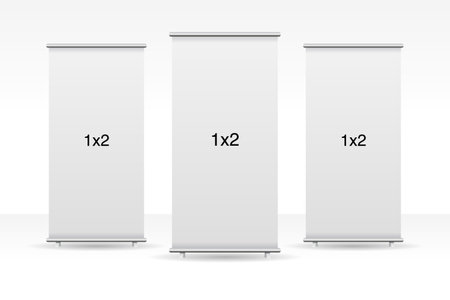 Set of 3 empty standee rollup banner display mockup on isolated white background. Display mockup for presentation or exhibition product. 1x2 Vertical blank roll up stand templateのイラスト素材