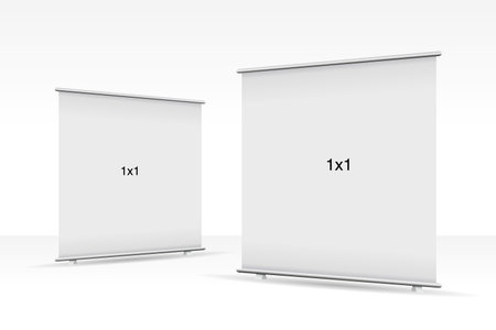 Set of 2 empty standee rollup banner display mockup on isolated white background. Display mockup for presentation or exhibition product. 1x2 Vertical blank roll up stand templateのイラスト素材