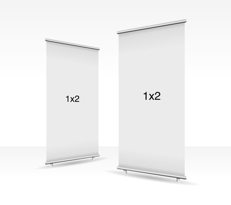 Set of 2 empty standee rollup banner display mockup on isolated white background. Display mockup for presentation or exhibition product. 1x2 Vertical blank roll up stand templateのイラスト素材