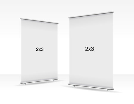 Set of 2 empty standee rollup banner display mockup on isolated white background. Display mockup for presentation or exhibition product. 2x3 Vertical blank roll up stand templateのイラスト素材