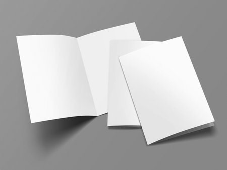 A3 half fold blank opened and closed 3D illustration magazine mock-up with cover. book, booklet, postcard, flyer, brochure, pamphlet, catalog empty mockup for Presentationの写真素材