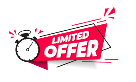 Modern banner of limited time offer with stopwatch timer  red ribbon. Logo, Icon, Design, Sticker, Concept, Greeting Card Template, Poster, Unit, Label, Web, Mnemonic - Vectorのイラスト素材