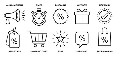 Shopping discounts sale icon set in outline for announcement, timer, discount, gift box, tick mark, price tags, shopping cart, star burst, bag, speech bubble, percentageのイラスト素材