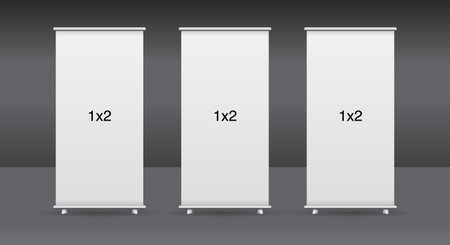 Set of 3 empty standee rollup banner display mockup on isolated white background. Display mockup for presentation or exhibition product. 1x2 Vertical blank roll up stand templateのイラスト素材