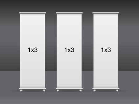 Set of 3 empty standee rollup banner display mockup on isolated white background. Display mockup for presentation or exhibition product. 1x3 Vertical blank roll up stand templateのイラスト素材