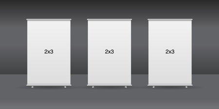 Set of 3 empty standee rollup banner display mockup on isolated white background. Display mockup for presentation or exhibition product. 2x3 Vertical blank roll up stand templateのイラスト素材
