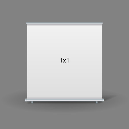 An empty standee or rollup banner display mockup on isolated white background. Display mockup for presentation or exhibition product. Vertical blank roll up stand template in 1x1のイラスト素材