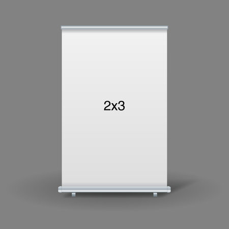An empty standee or rollup banner display mockup on isolated white background. Display mockup for presentation or exhibition product. Vertical blank roll up stand template in 2x3のイラスト素材