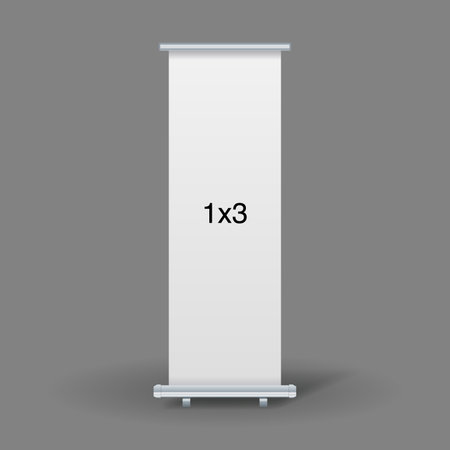 An empty standee or rollup banner display mockup on isolated white background. Display mockup for presentation or exhibition product. Vertical blank roll up stand template in 1x3のイラスト素材