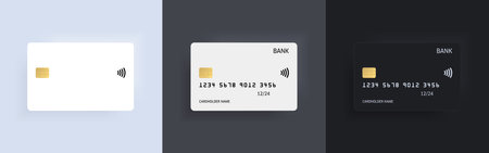A plastic ATM credit, debit, bank card template with gold chip in vector  realistic object on isolated background. Digital technology mockup. Contactless, wireless online paymentのイラスト素材