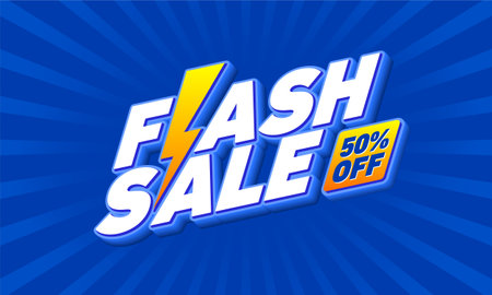 Flash Sale 50% off Logo Concept with thunderbolt. Discount Poster, Shopping Greeting Card, Placard, Design, Template, Banner, Icon, Unit, Label, Web Header, Mnemonic, social media,のイラスト素材