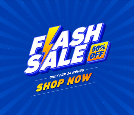 Flash Sale 50% off shop now Logo Concept with thunderbolt. Discount Poster, Shopping Greeting Card, Placard, Design, Template, Banner, Icon, Unit, Label, Web, Mnemonic, socialのイラスト素材