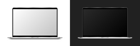 ModernÂ realistic silver grey open laptop on white and black background isolated. computer notebook with empty screen. blank copy space on modern mobile mock up.Â Mock-up PC displayのイラスト素材