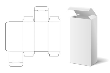 An empty mockup of box die cut paper carton packaging layout with blueprint. 3D dummy container mockup of tall vertical food, medical pack. 3D Vector cardboard packaging templateのイラスト素材