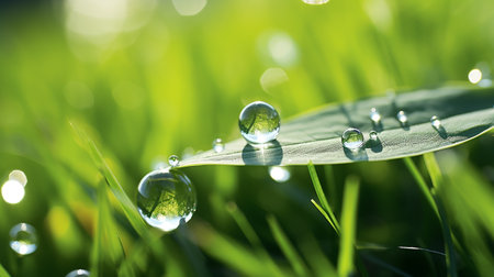 A beautiful morning dew macro photography shot of clean transparent rain water drops, multiple droplets over the green leaf in sunlight with bokeh, selective focus. purity, freshの素材