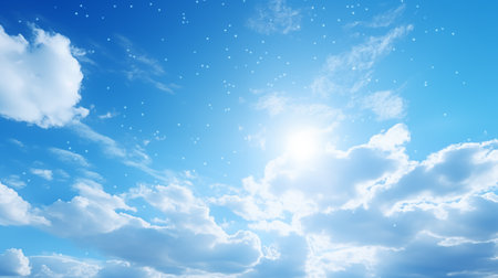 A clean blue beautiful sky with run and sun-rays, stars, evening sky with white cloudsの素材