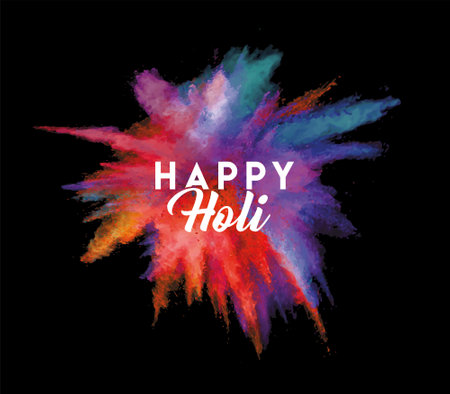 Abstract colourful explosion of colors with Happy Holi typography. The Indian Hindu Festival of colours in the air on black background, logo Greeting Card Concept Banner Sale Offerのイラスト素材