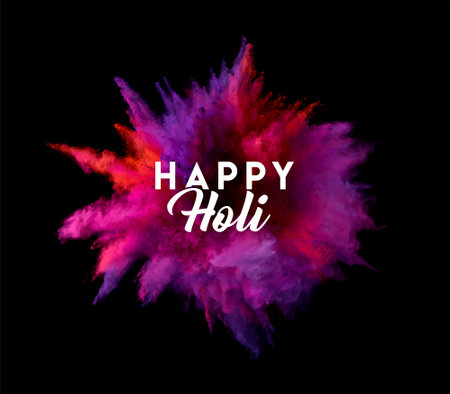 Abstract colourful explosion of colors with Happy Holi typography. The Indian Hindu Festival of colours in the air on black background, logo Greeting Card Concept Banner Sale Offerのイラスト素材