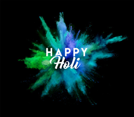 Abstract colourful explosion of colors with Happy Holi typography. The Indian Hindu Festival of colours in the air on black background, logo Greeting Card Concept Banner Sale Offerのイラスト素材